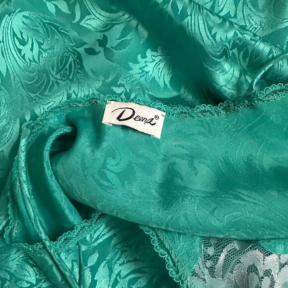 Vintage 90s Small Deena Blue Green Teal Satin Slip Dress floral lace trim - Picture 7 of 7
